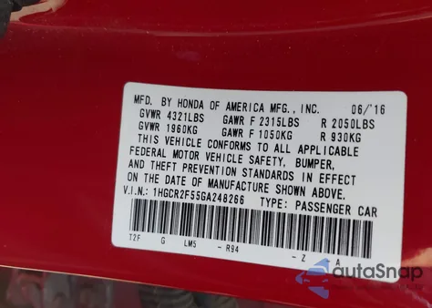 2016 Honda Accord Sport z USA, uszkodzony, nr VIN 1HGCR2F55GA248266